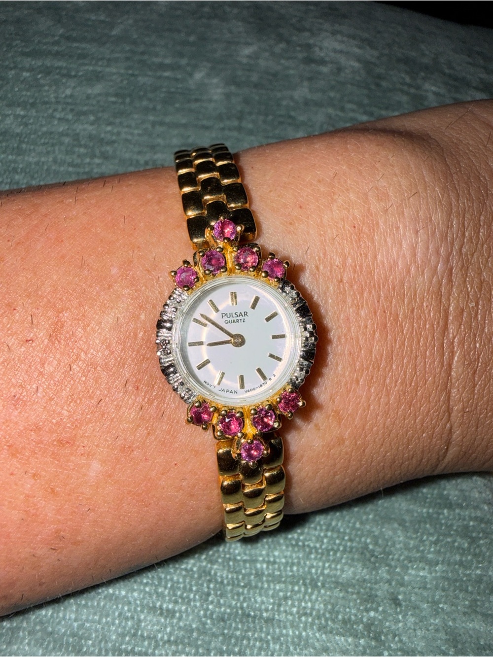 Vintage Pulsar Gold Tone Women's Bracelet Watch with Pink Stones
